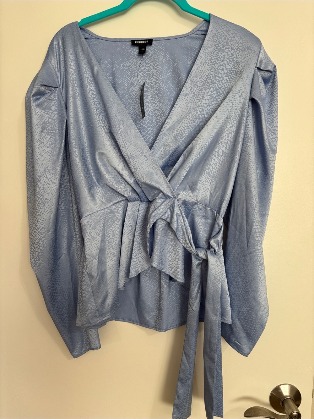 NWT Express Light Blue Faux-Snake Wrap Blouse with Tie Waist